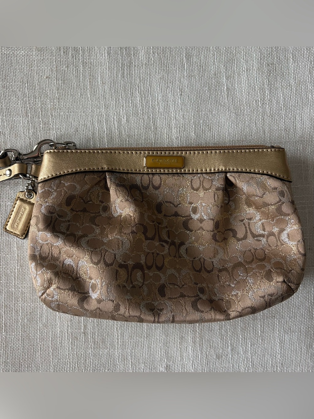 Coach Gold Metallic Logo Jacquard Wristlet